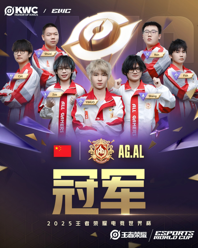 中国AG.AL战队斩获2025王者荣耀电竞世界杯冠军 KWC首个冠军俱乐部诞生